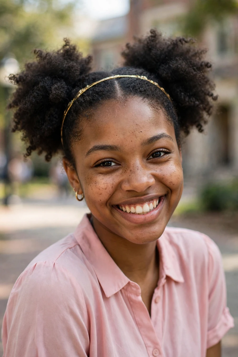 Young woman with an oval face wearing two high afro puffs with a center part and a headband