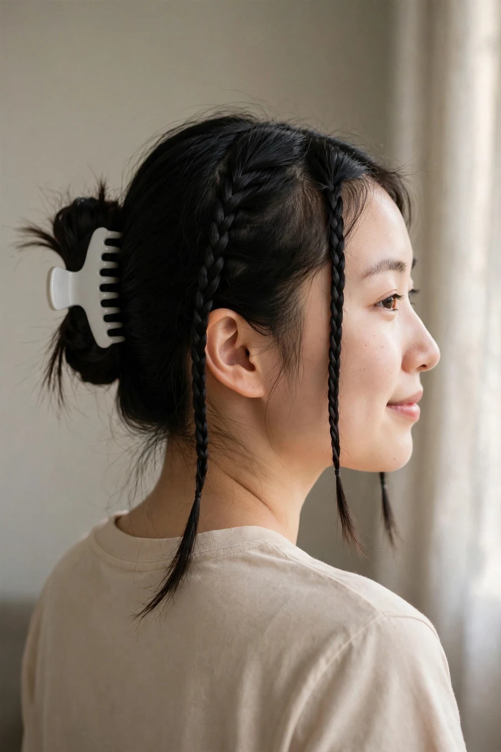 Woman with black long hair with two neat front braids and the rest gathered back with a medium white claw clip