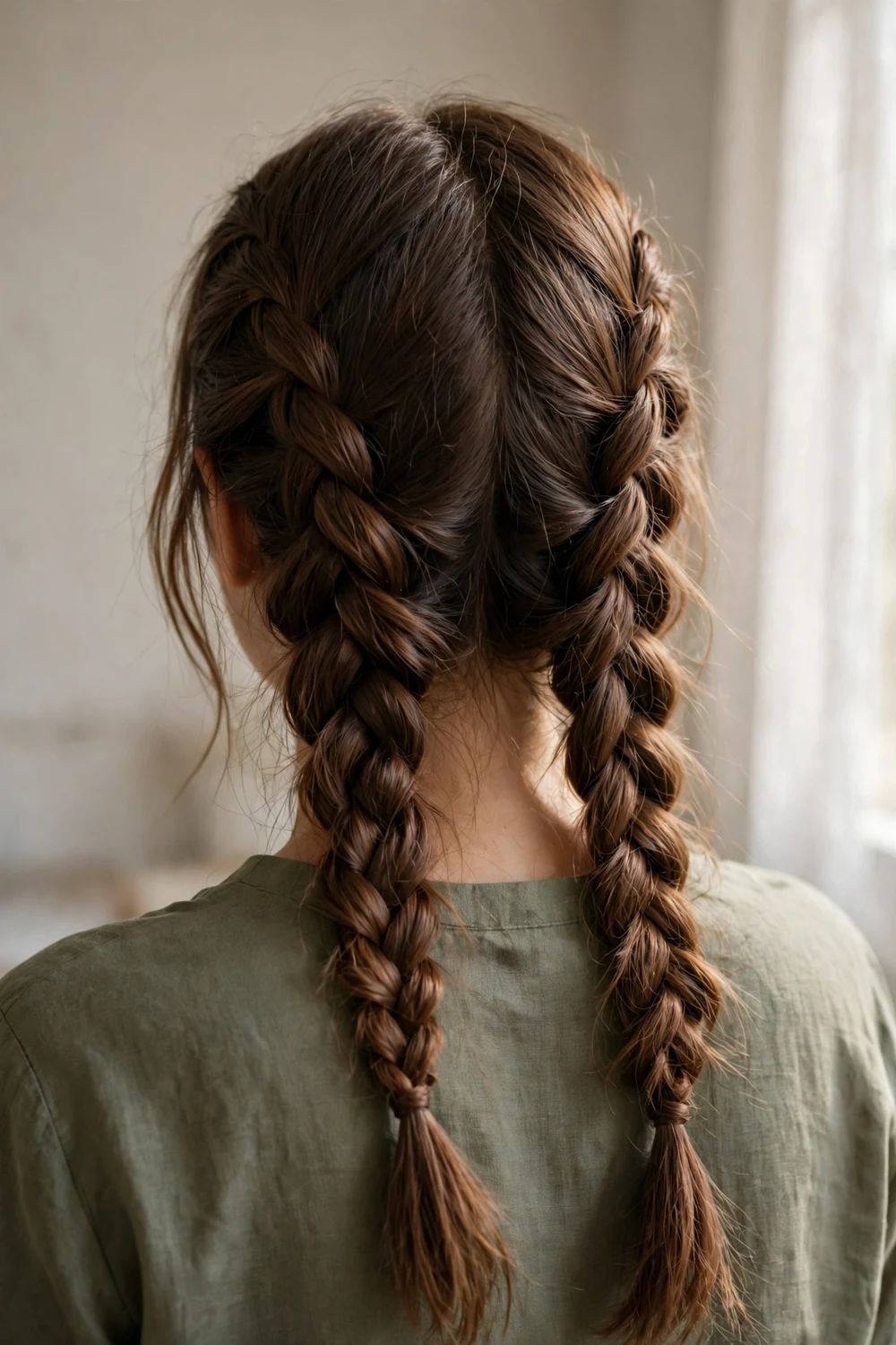 Two Dutch braids worn down past the shoulders on fine hair