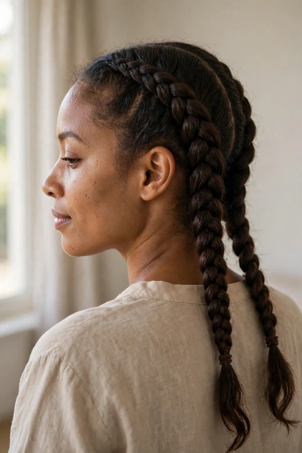 Woman with dark brown medium-length hair in double French braids