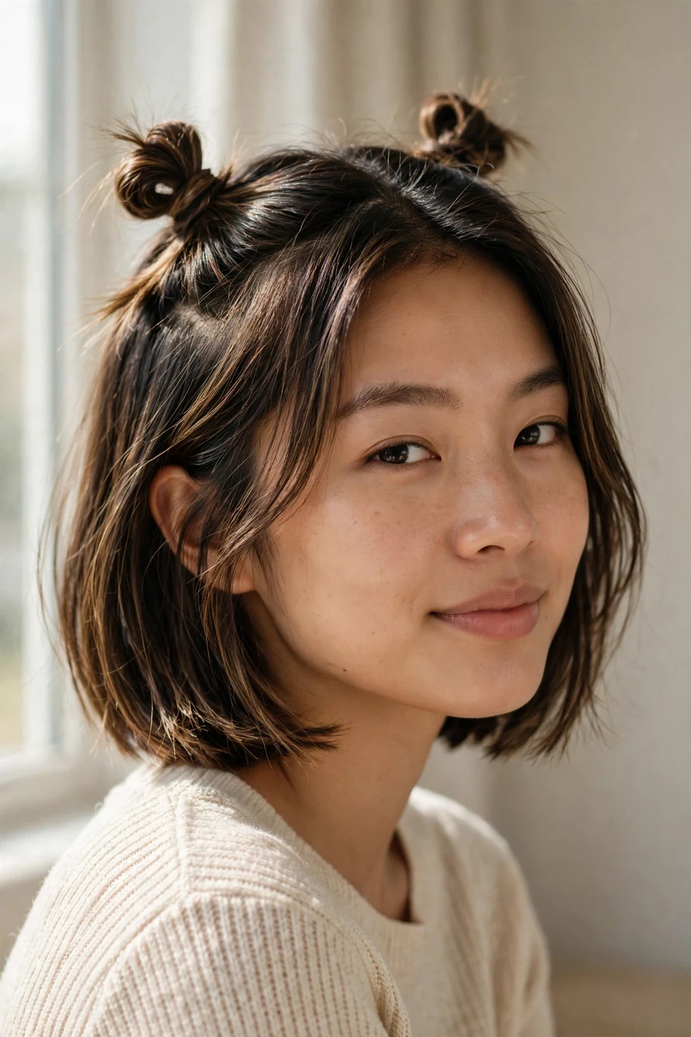 Two mini space buns on top of a chin length highlighted bob