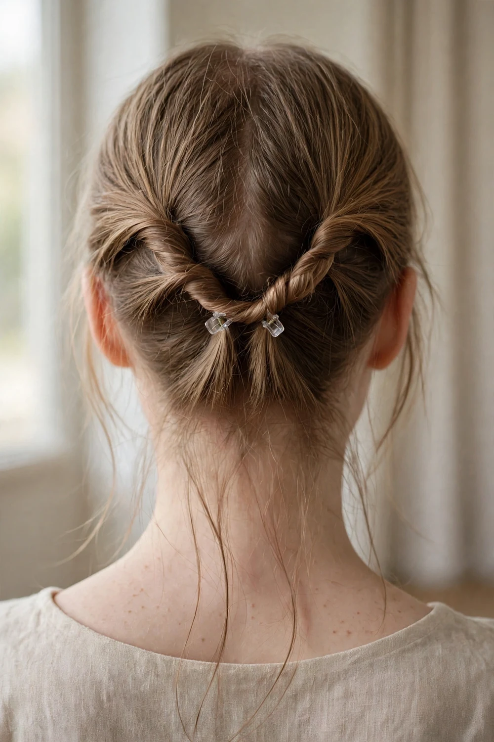 Double side twists with tiny clear claw clips on thin fine light brown hair