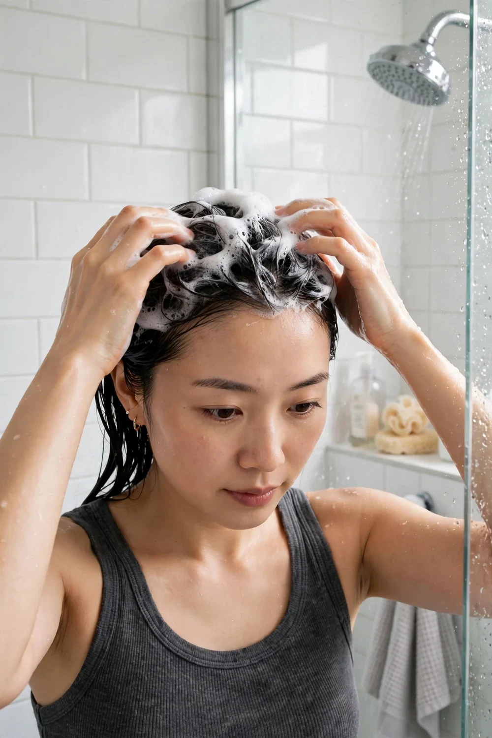 Woman applying a second round of shampoo to her scalp using the double shampoo method