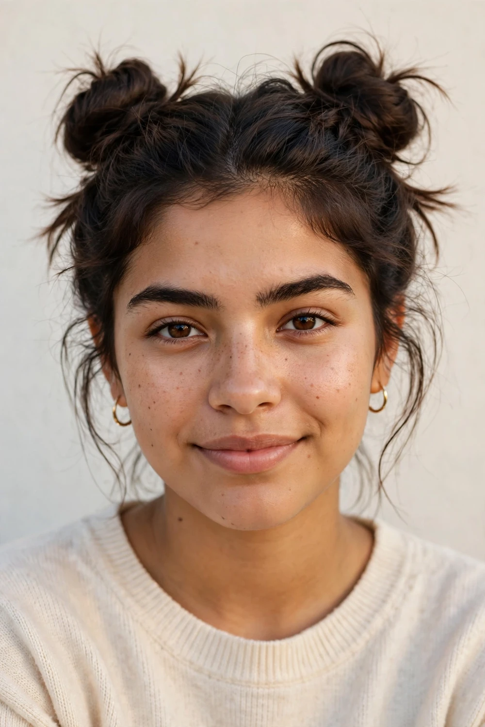 Young woman with dark brown hair styled in two playful space buns on top of the head