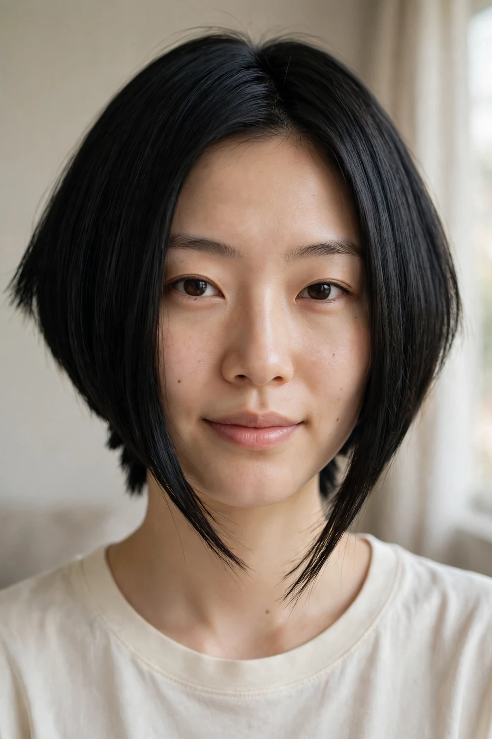 Dramatic high-contrast angled bob on a woman with a round face, jet black hair from a very short nape to long front pieces