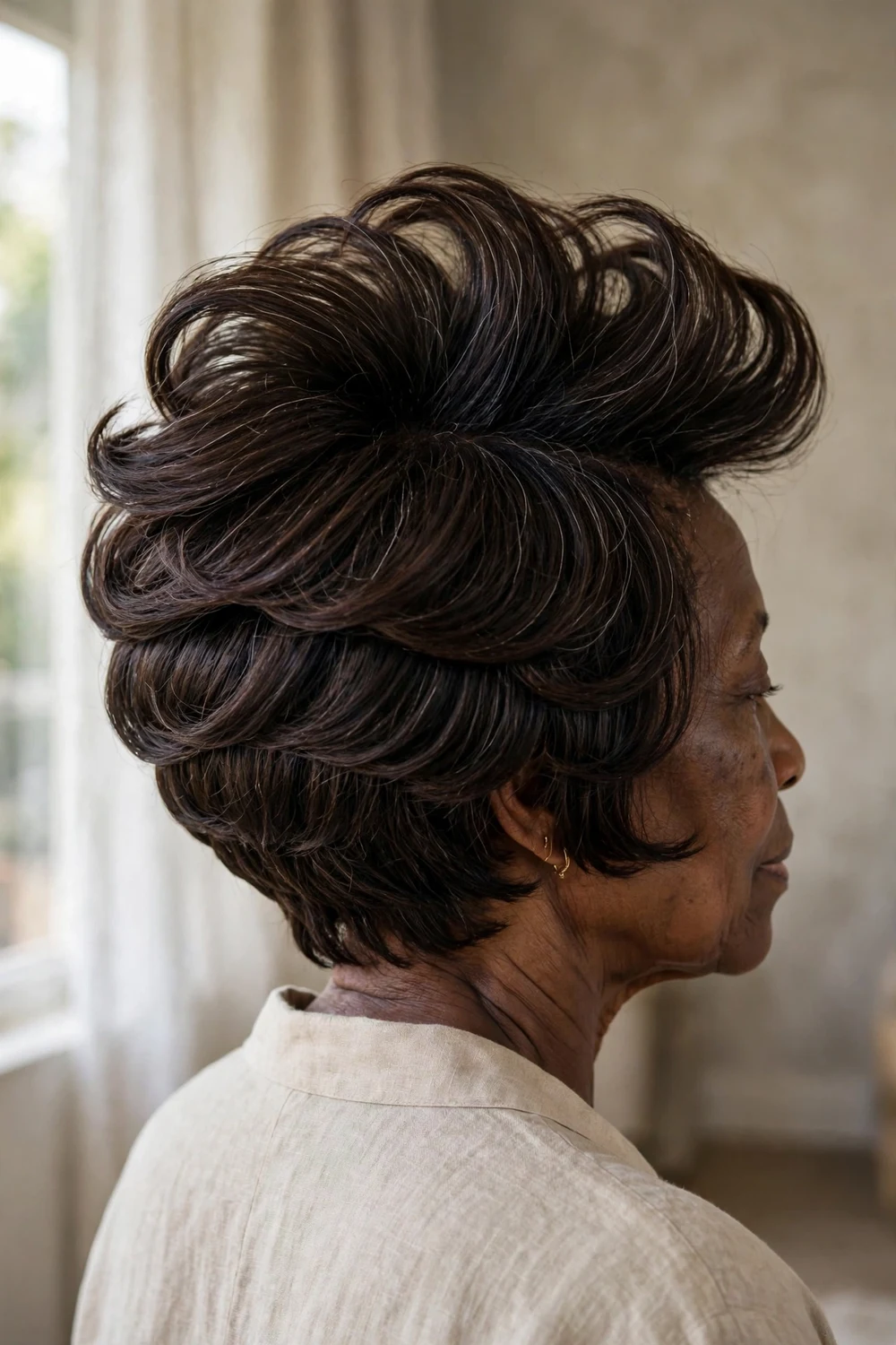 Dramatic high-stacked bob with strong lift at the crown
