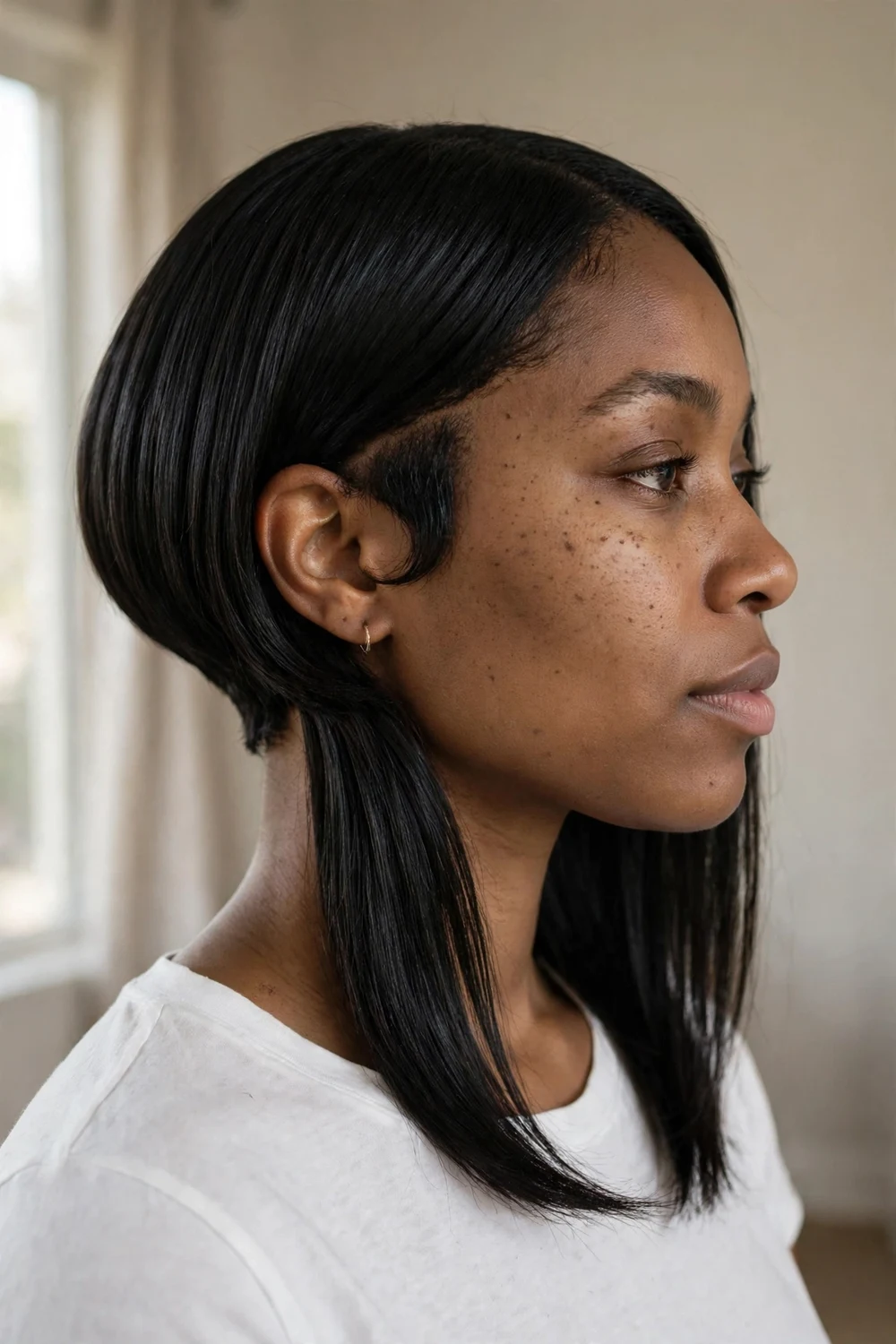 Black woman with dramatic asymmetrical bob, one side cropped close and the other falling past the chin