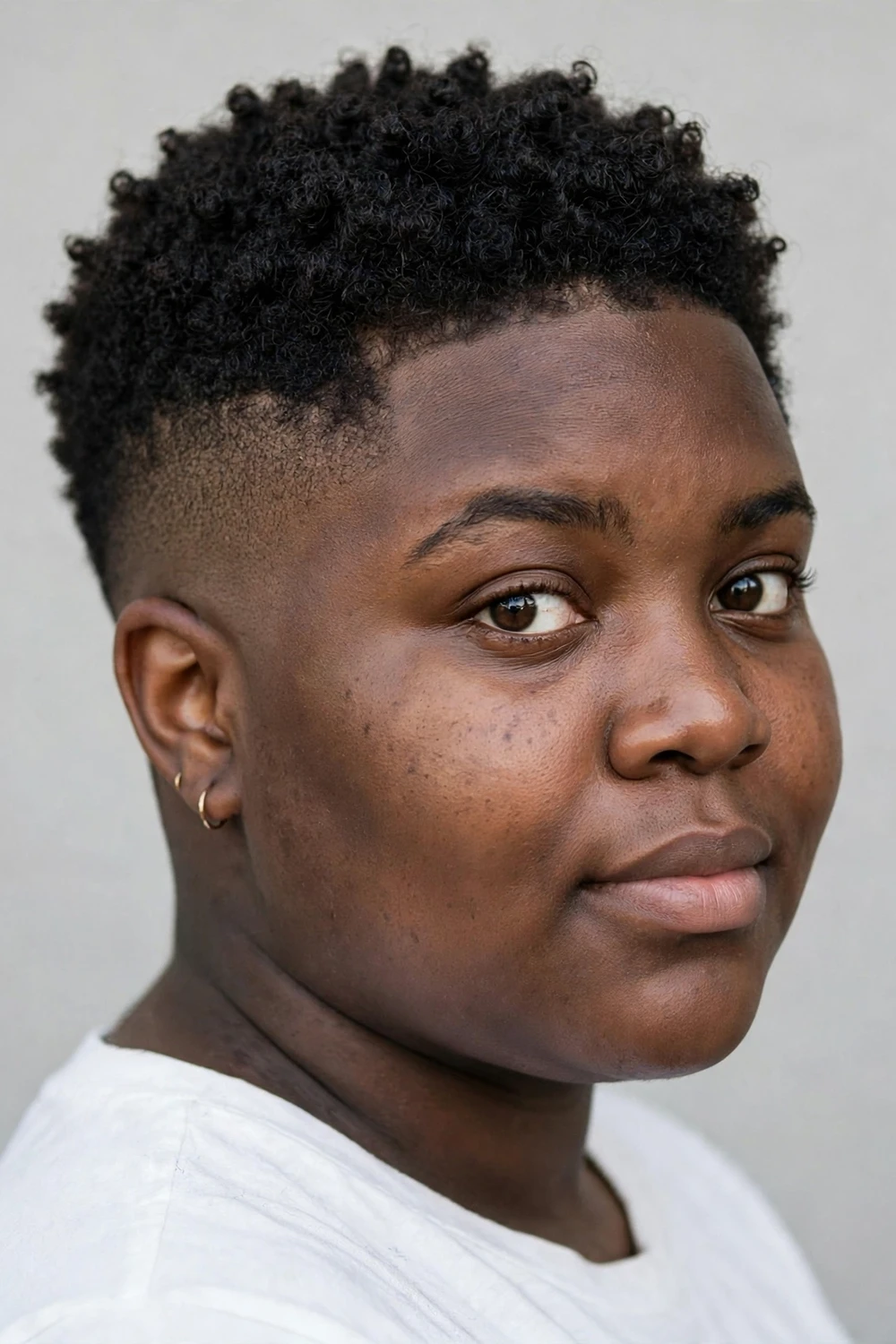 Black woman with a drop fade curving behind the ear and short defined curls on top