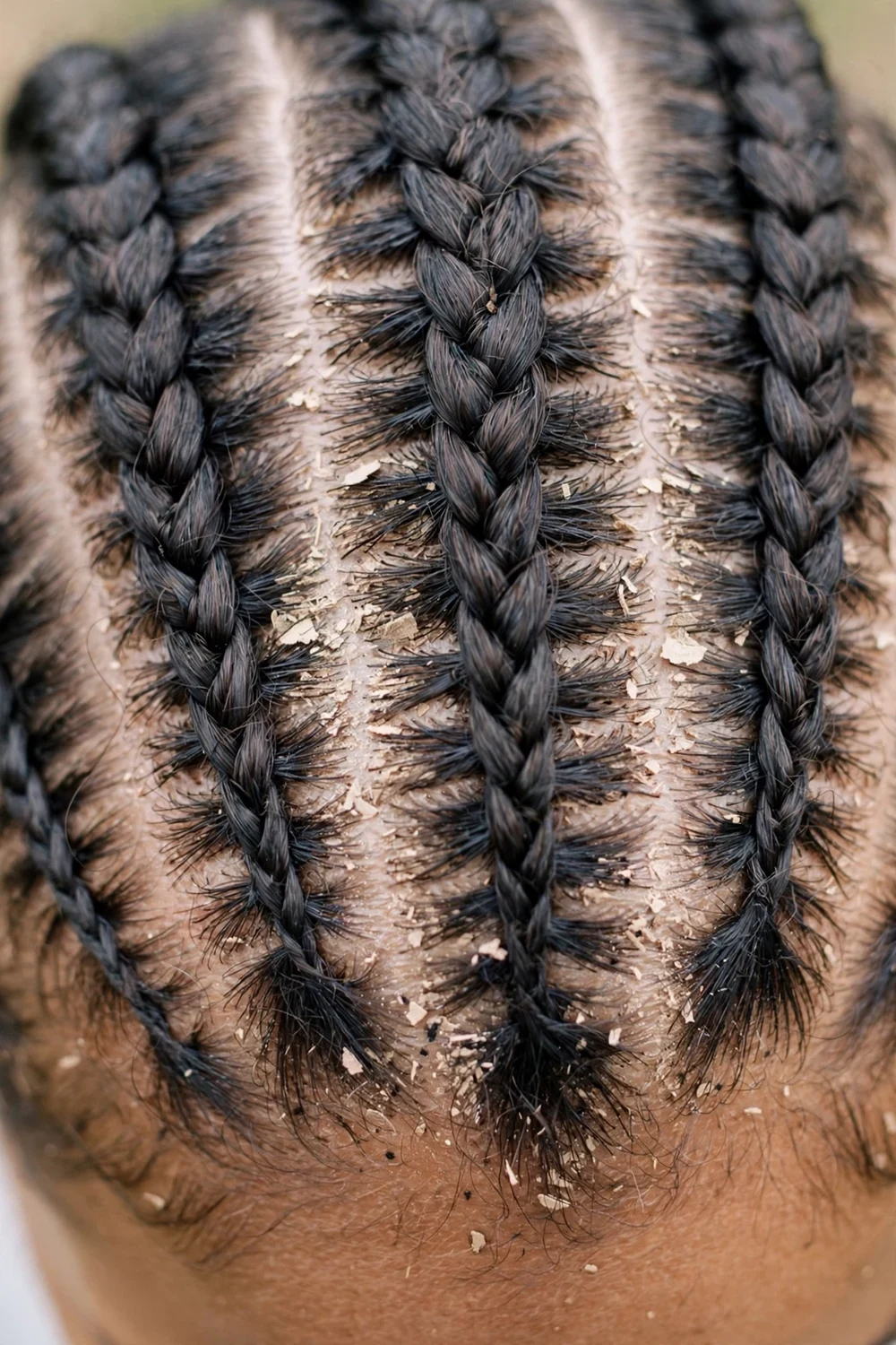 Close-up of dry flaky scalp visible between neat braided parts