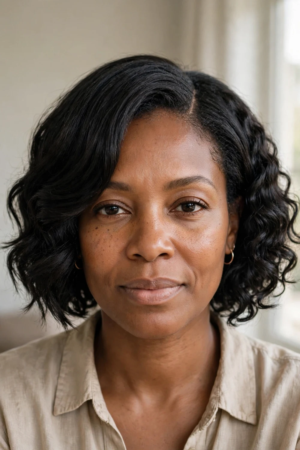 Black woman with asymmetrical bob styled with soft waves on one side and defined curls on the other