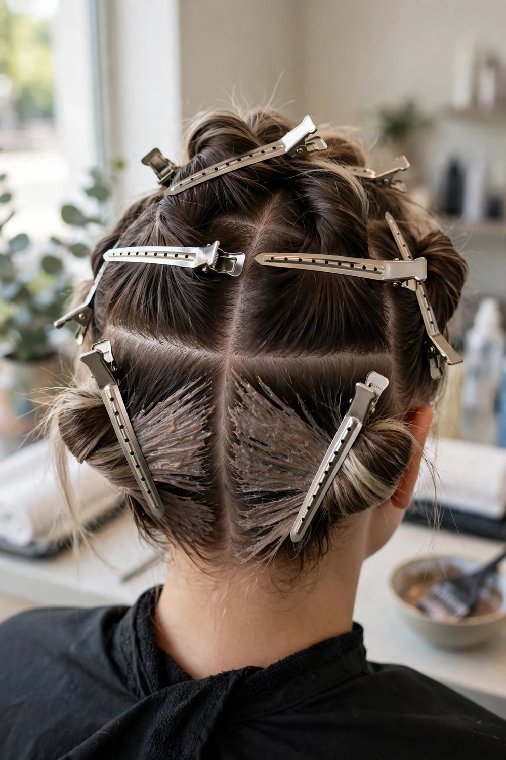 Duckbill clips holding precise hair sections during styling