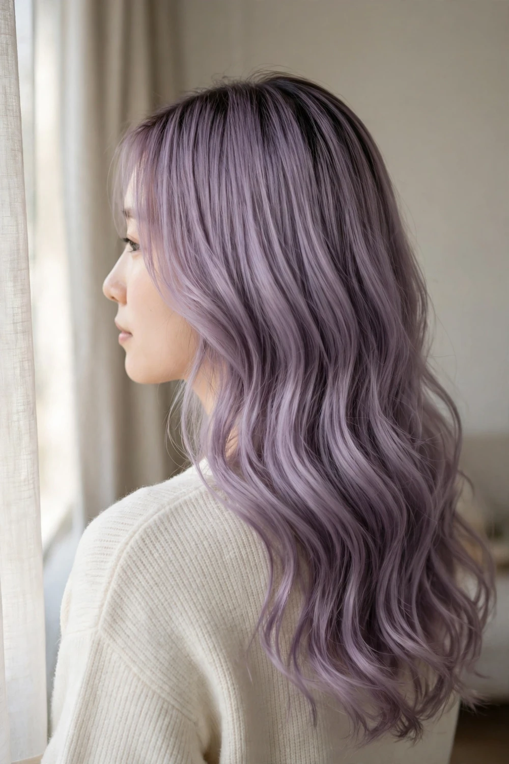 Woman with dusty lavender long wavy hair in a muted cool pastel shade