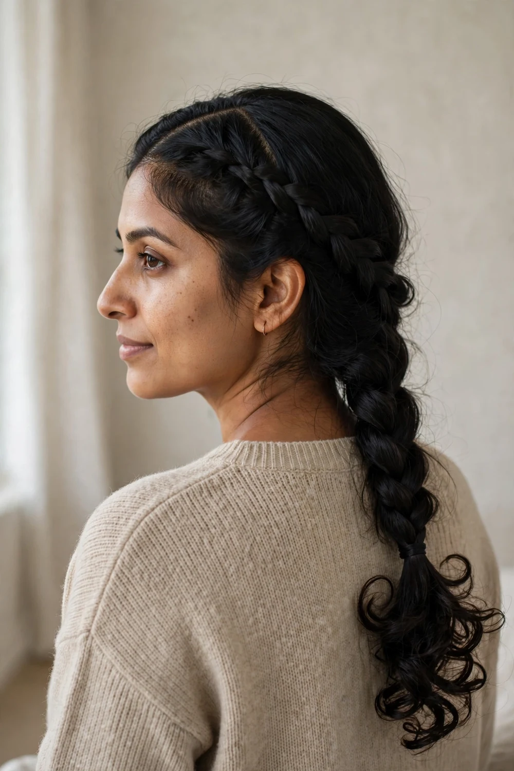 Woman with black long hair in a side Dutch braid with curled ends