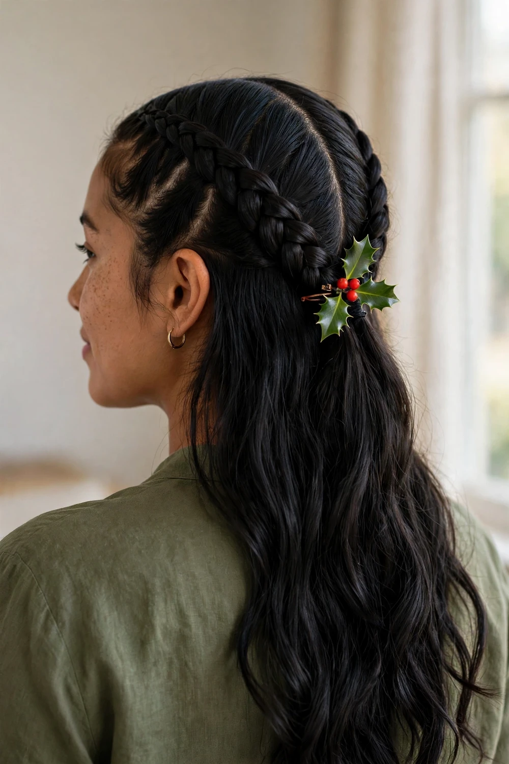 Dutch braided half-up hairstyle with a holly sprig clipped at the back