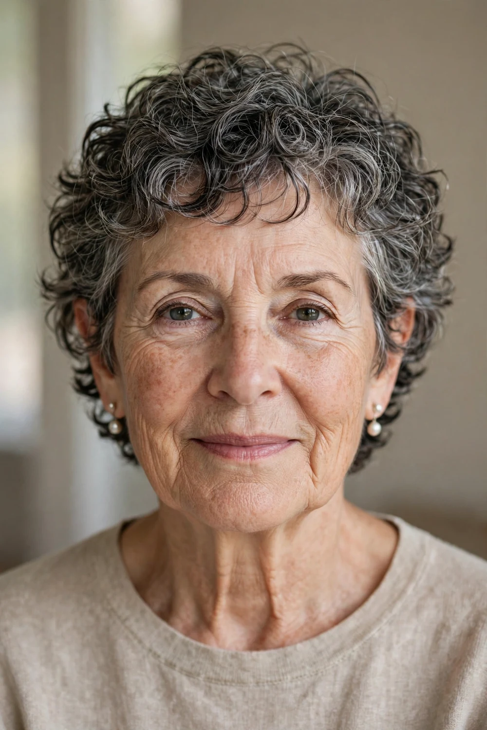 Woman over 60 with an ear-length curly crop