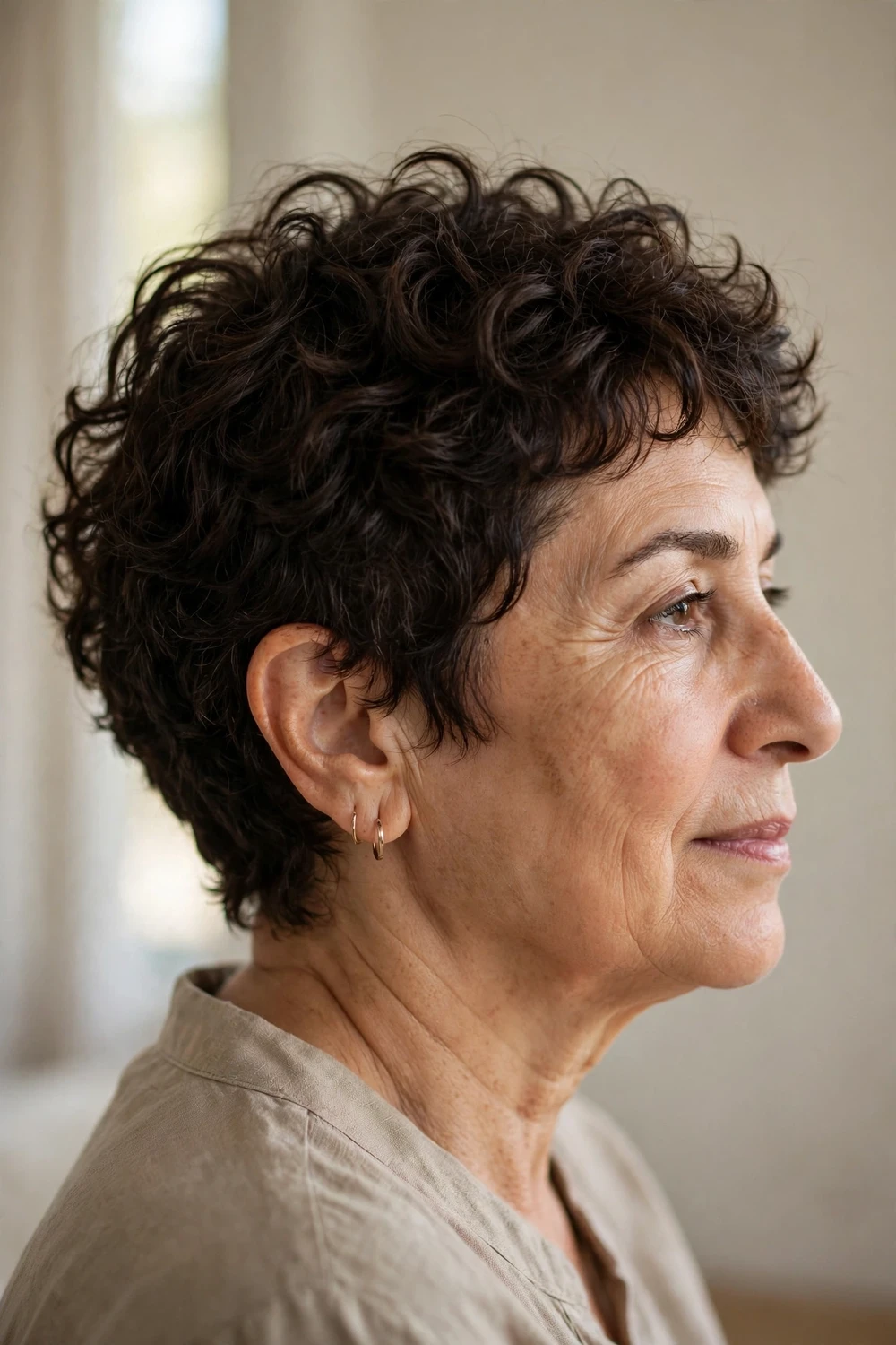 Woman in her 50s with an ear-length curly pixie crop, choppy defined silhouette