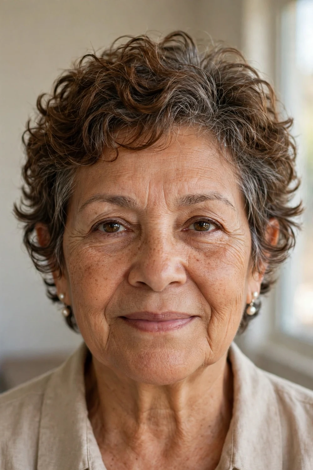 Woman over 60 with an ear-length curly pixie crop and pearl earrings