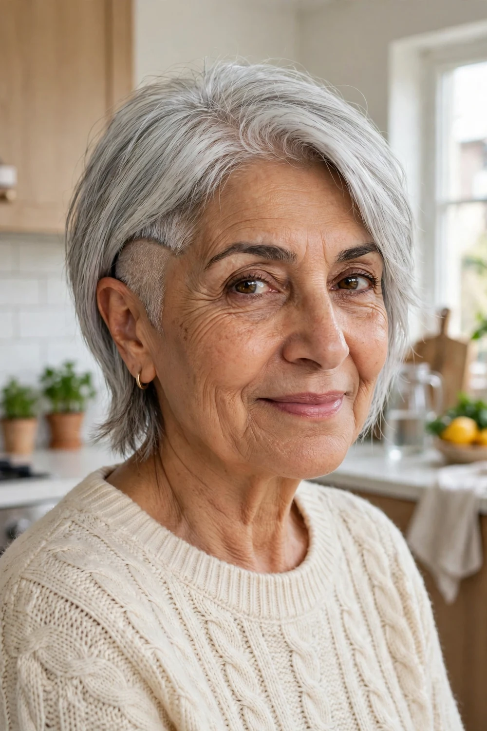 Middle Eastern woman in her late 60s with an ear-length silver pixie, one side tucked to reveal a hidden undercut