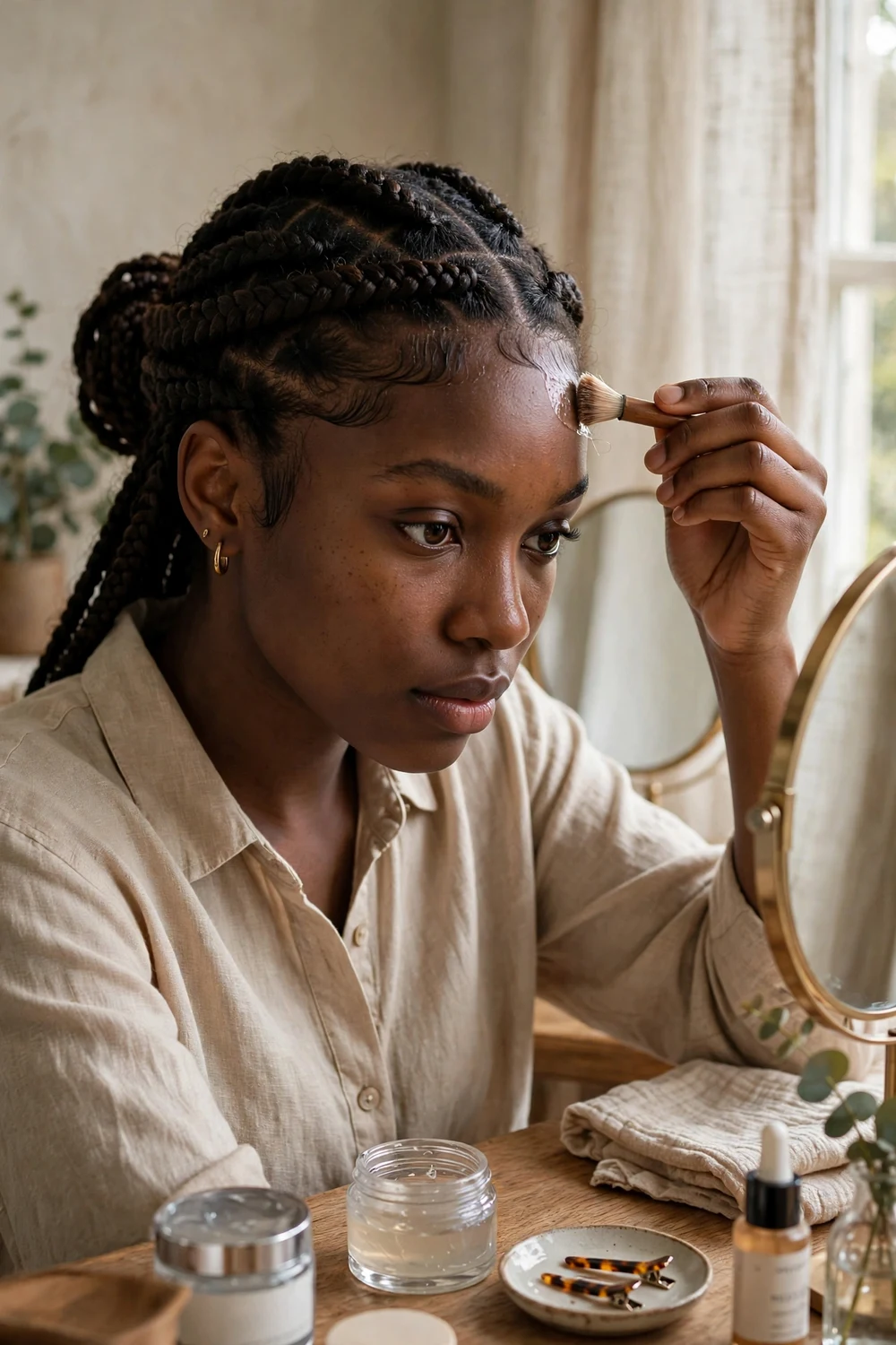 Woman smoothing her edges with edge control gel and a soft brush