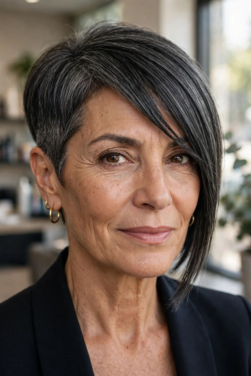 Mature woman with edgy asymmetrical bob