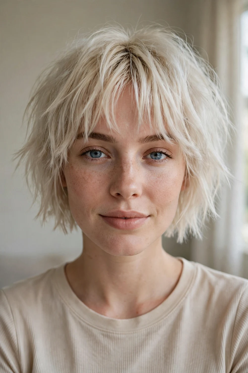 Edgy choppy platinum bob with textured curtain bangs on fine hair