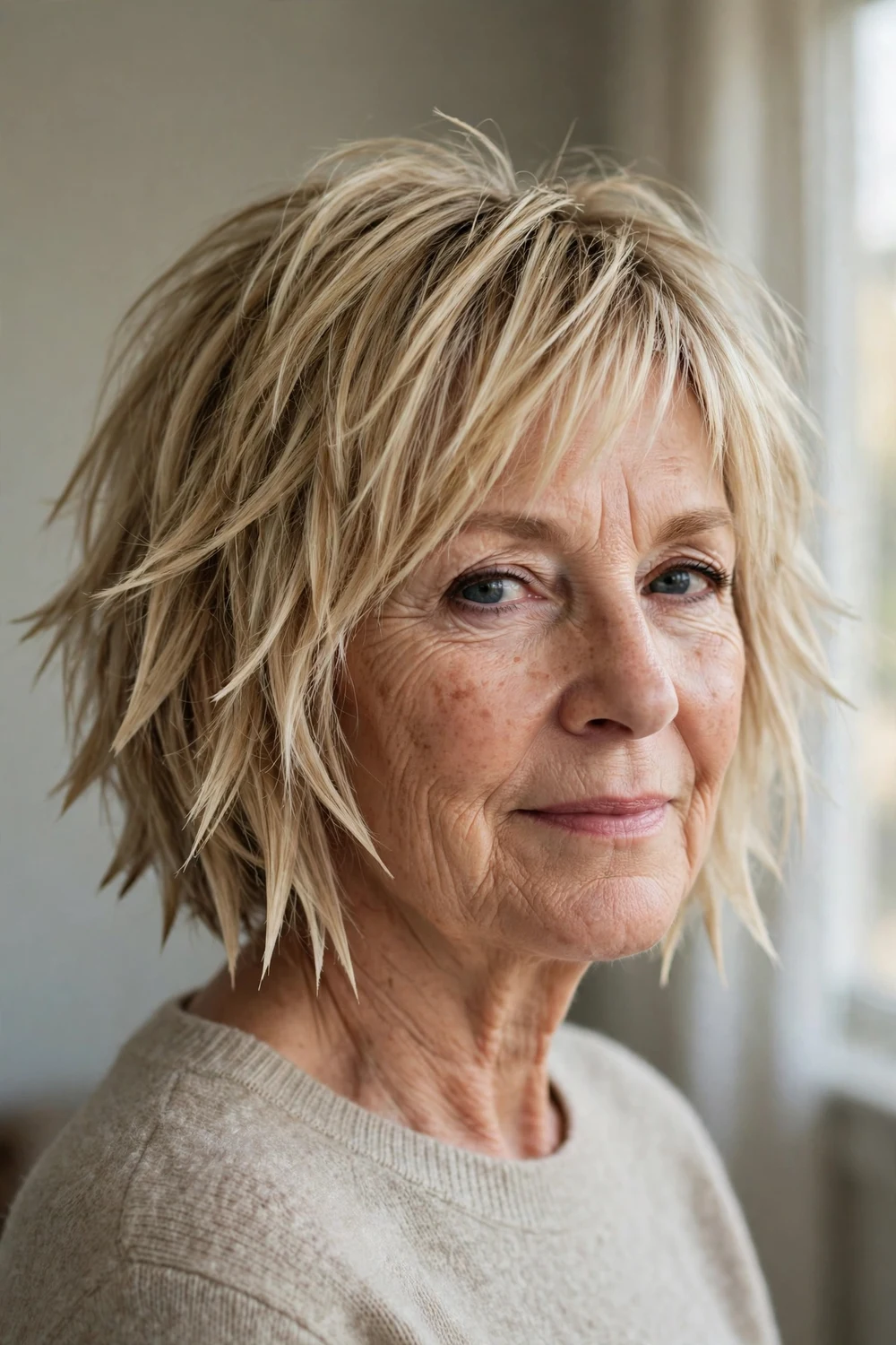 Edgy choppy layered bob with jagged ends on a woman over 60