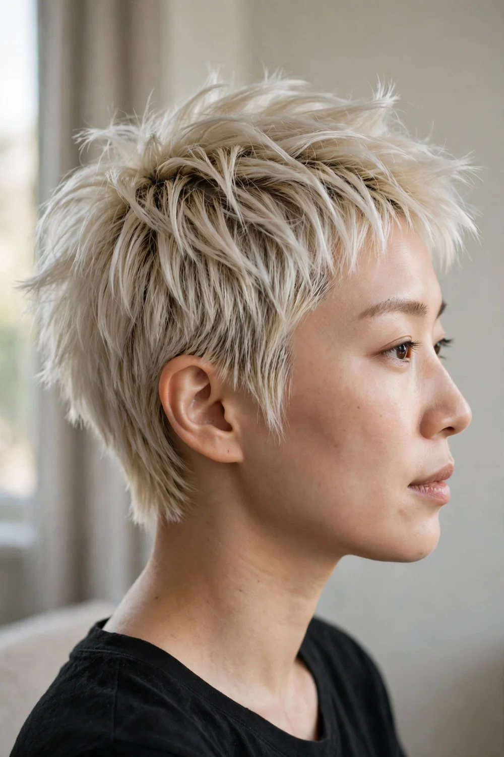 Edgy micro wolf cut with super-short choppy layers on platinum blonde hair