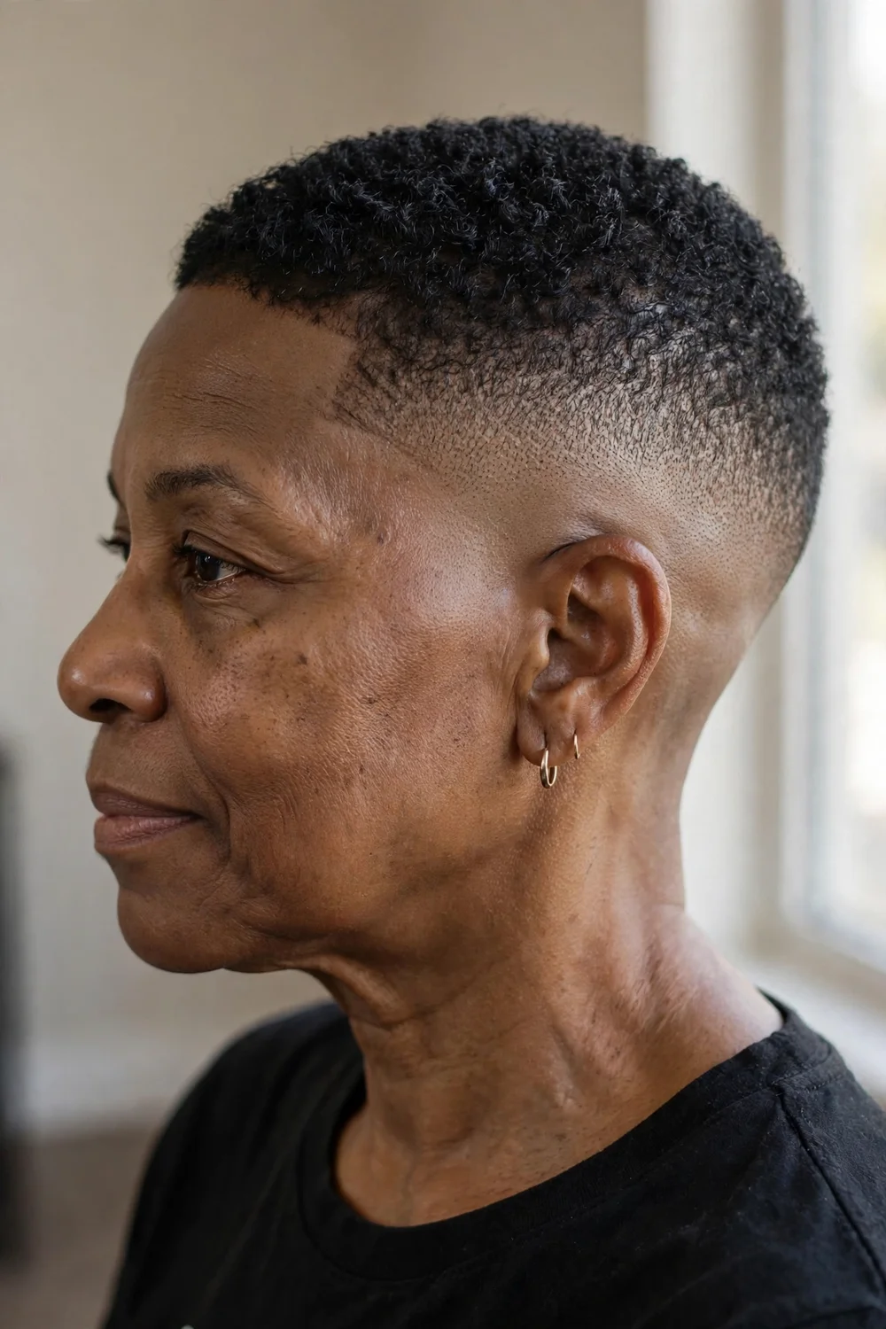 Older Black woman with an ultra-short pixie and high hard fade