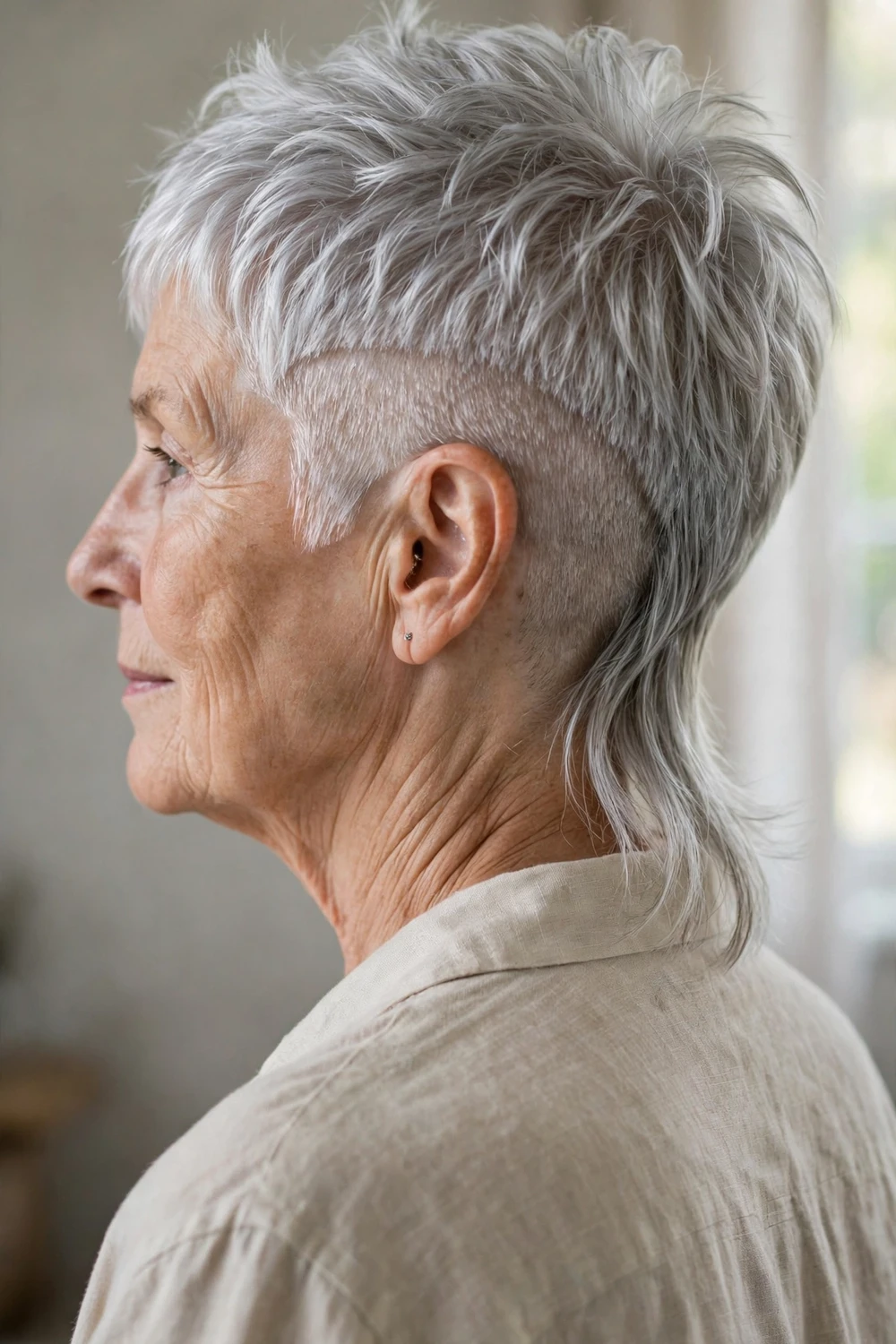 Edgy silver pixie mullet with shaved sides