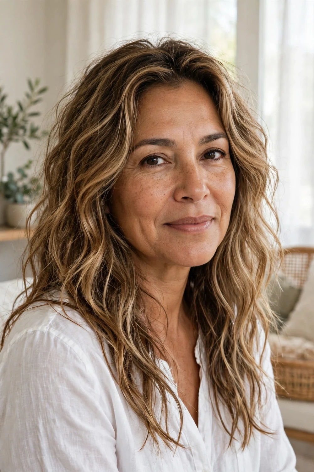 Latina woman in her late 40s with relaxed beach waves in honey-blonde hair