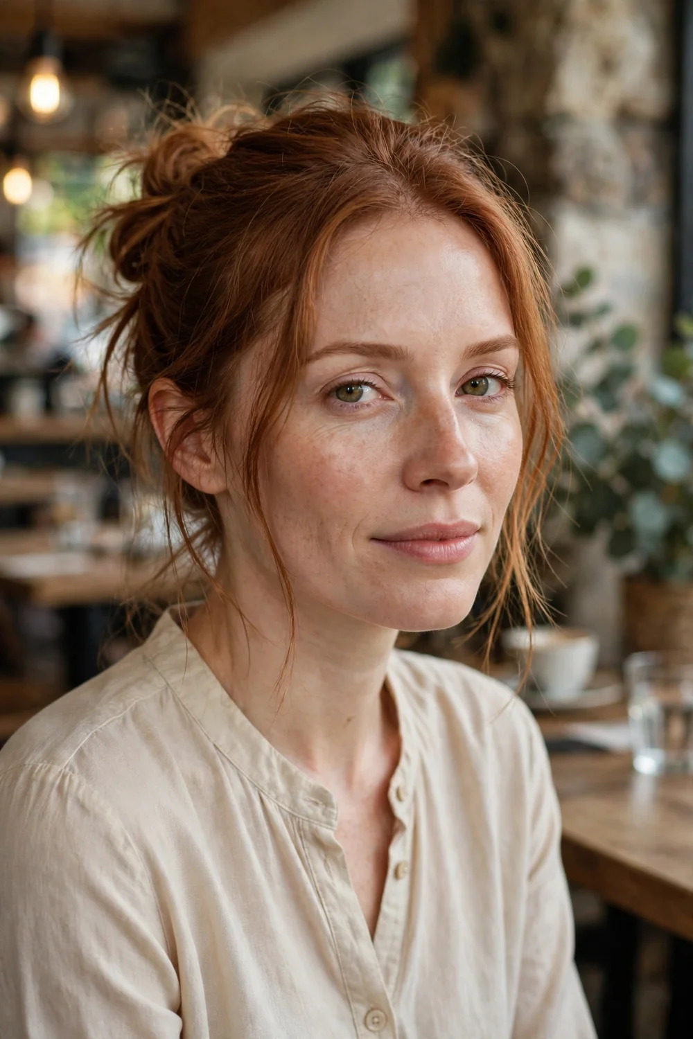 Woman with an effortless messy bun hairstyle for thin hair