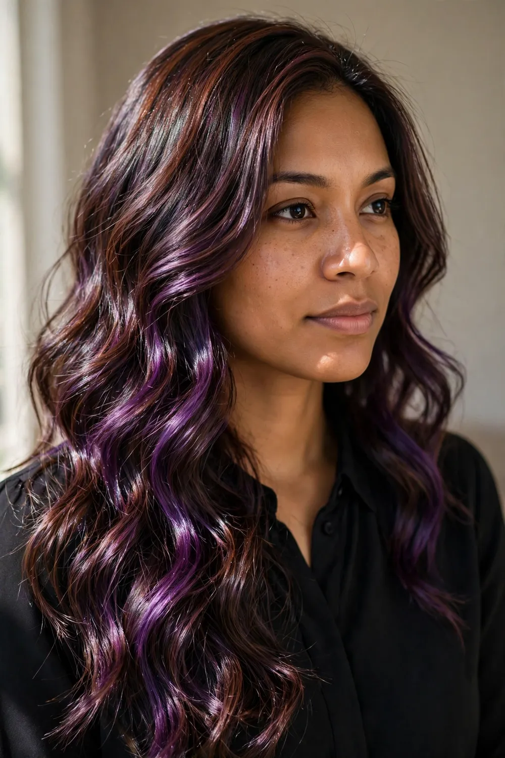 Deep eggplant brown with purple undertones over chestnut base