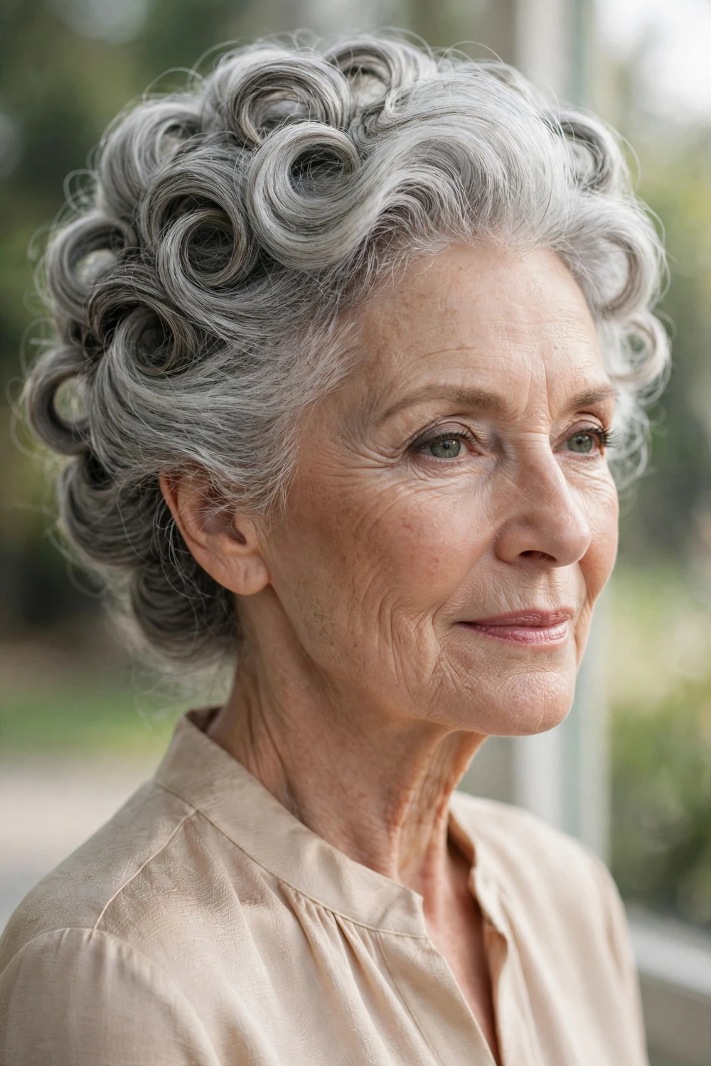 Woman in her late 60s with elegant gray updo of soft pinned curls, back view