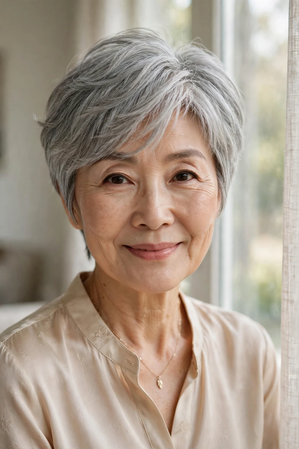 Woman over 50 with silver-gray pixie and soft side part