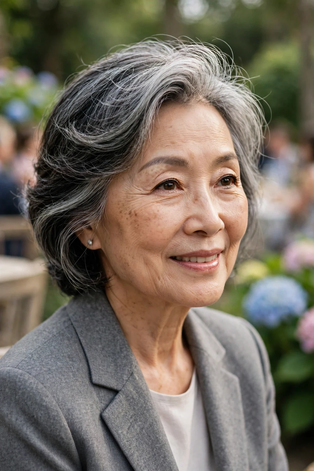 East Asian woman in her mid-60s with an elegant side-swept hairstyle in salt-and-pepper hair