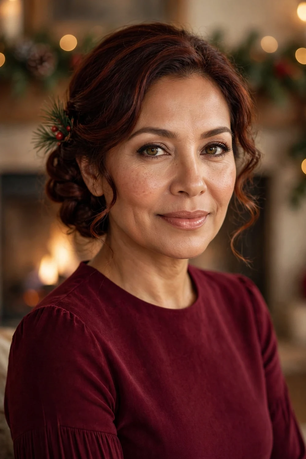 Woman with soft twisted chignon decorated with pine and crystal accents