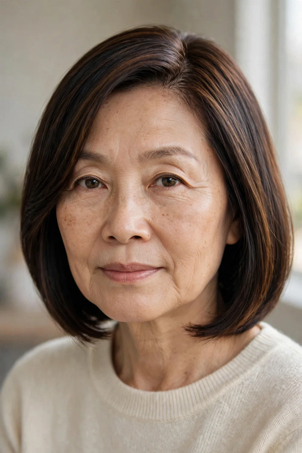 67-year-old woman with silver elongated bob and wispy bangs