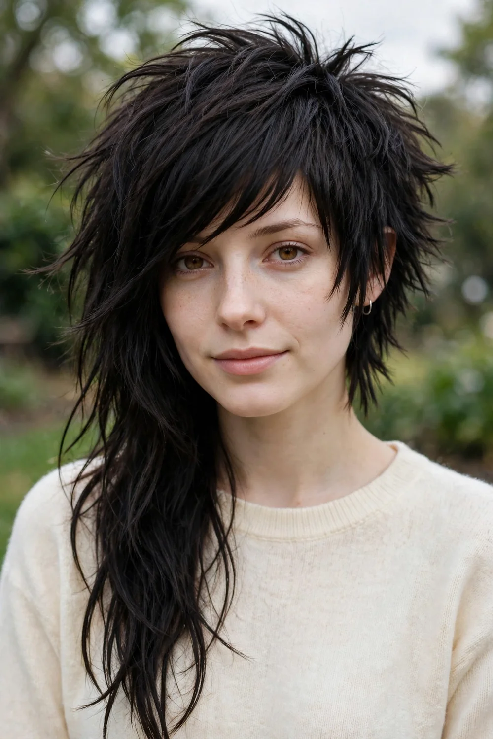 Woman with an asymmetrical emo shag haircut