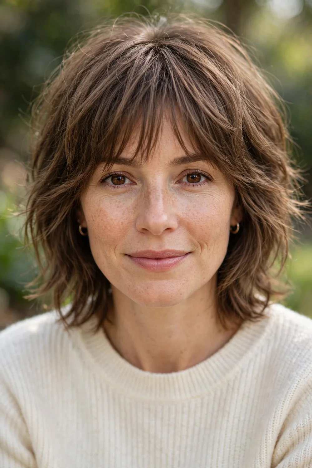 Woman with a soft brown emo shag and curtain bangs