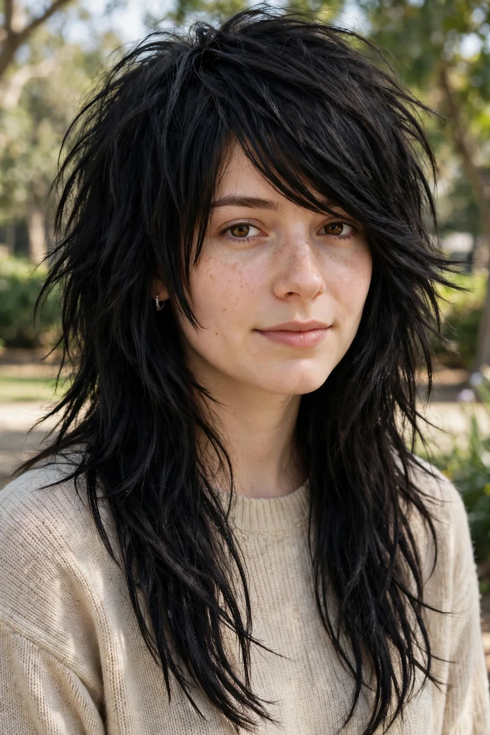 Young woman with a classic long emo shag haircut