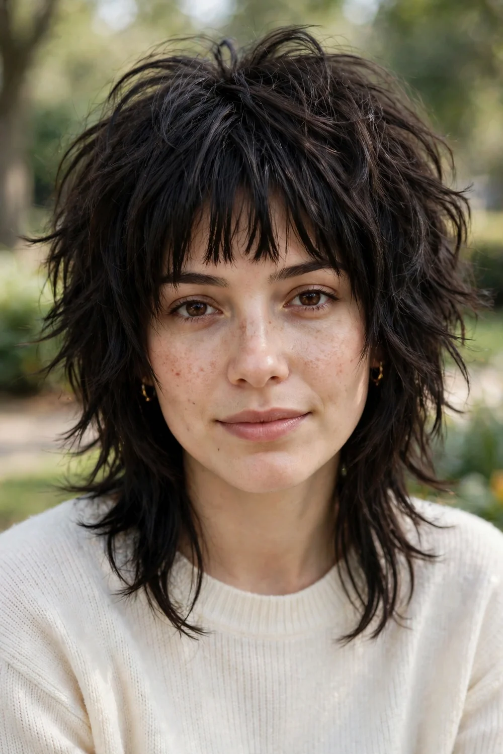 Brunette woman with a dark textured emo shag and piecey bangs
