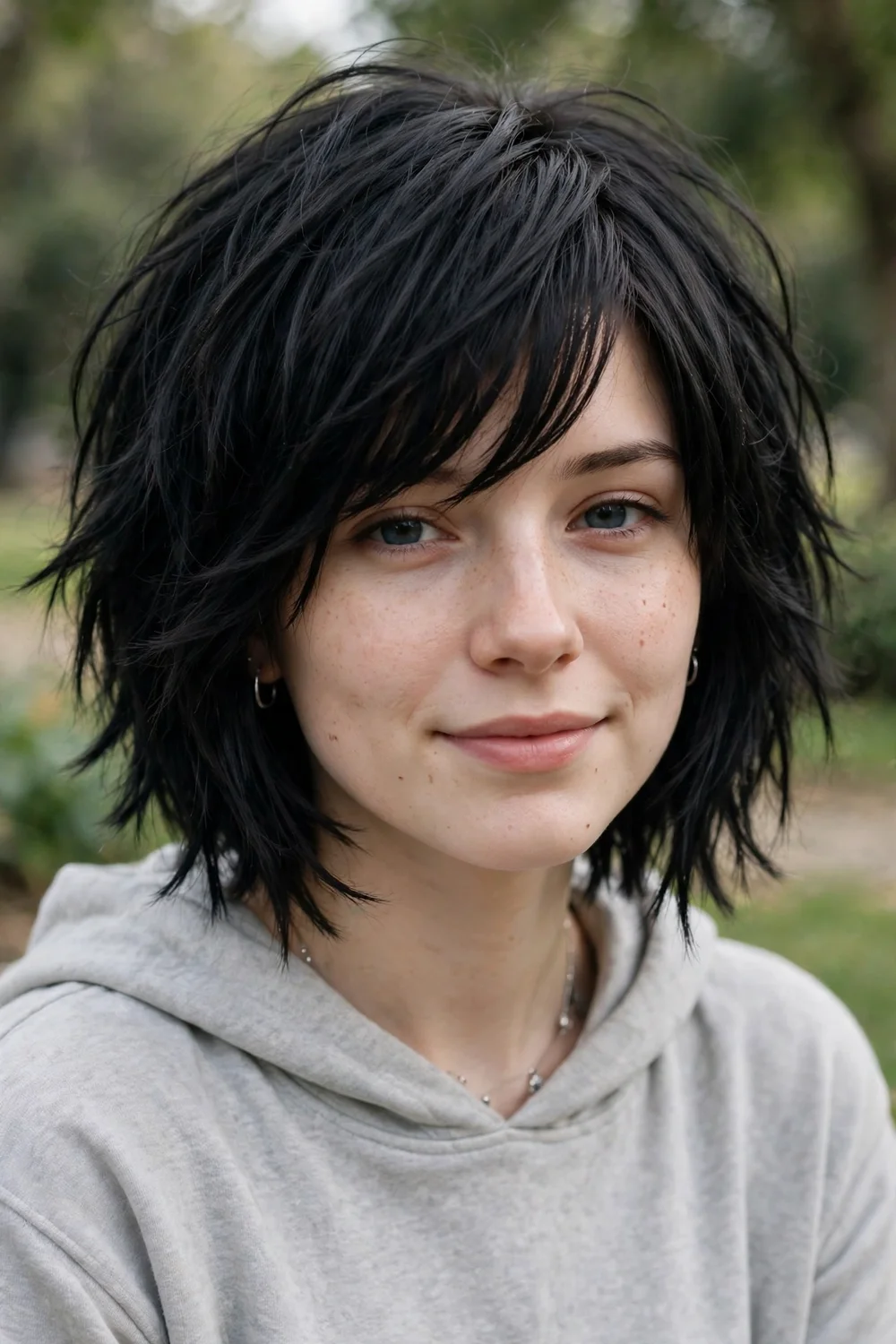 Young woman with an emo bob and choppy layers