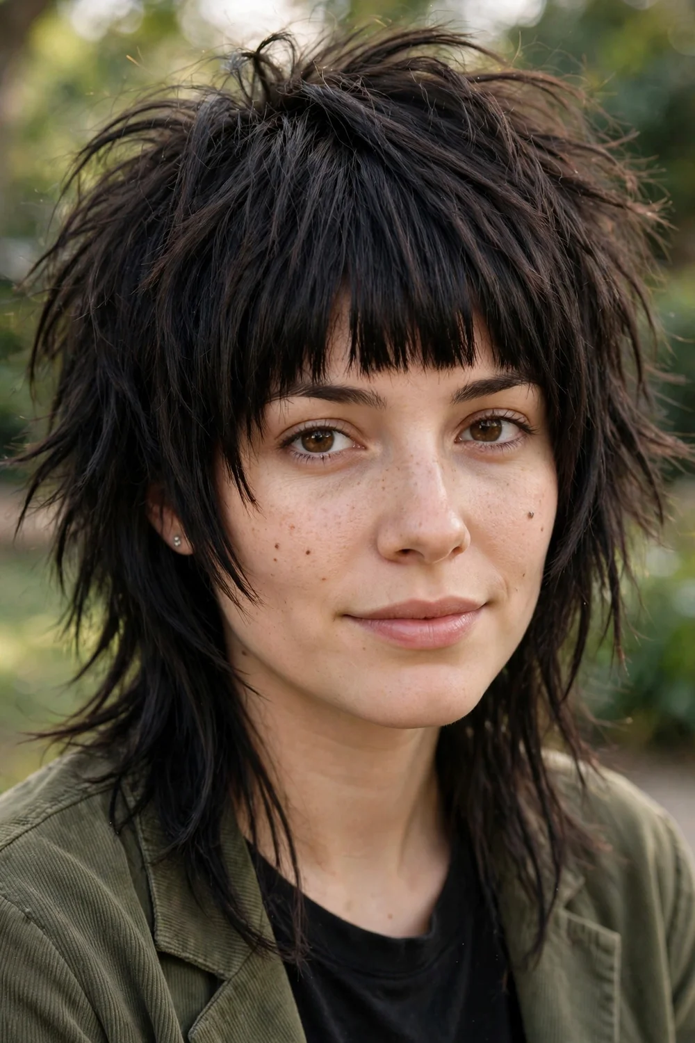 Woman with an emo shag and full straight fringe