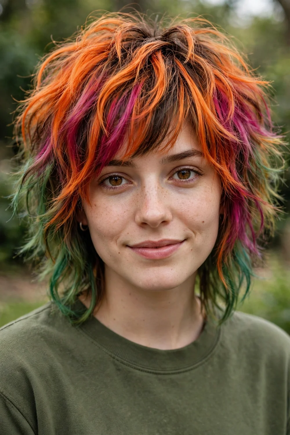 Woman with a colorful multi-tone emo shag in orange magenta and green