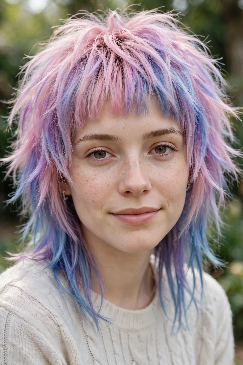 Woman with a pastel rainbow emo shag haircut