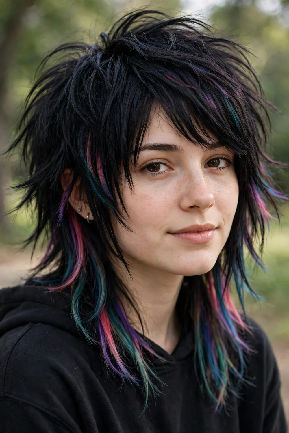 Young woman with an emo shag and peekaboo highlights