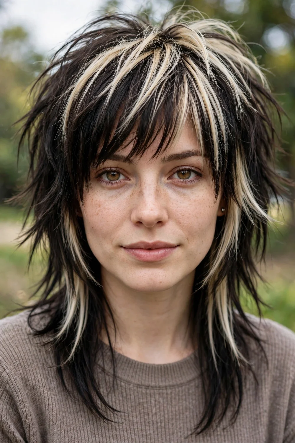 Woman with a layered emo shag and platinum blonde streaks