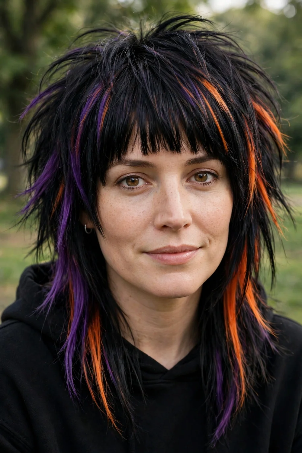 Woman with a black emo shag and purple and orange streaks