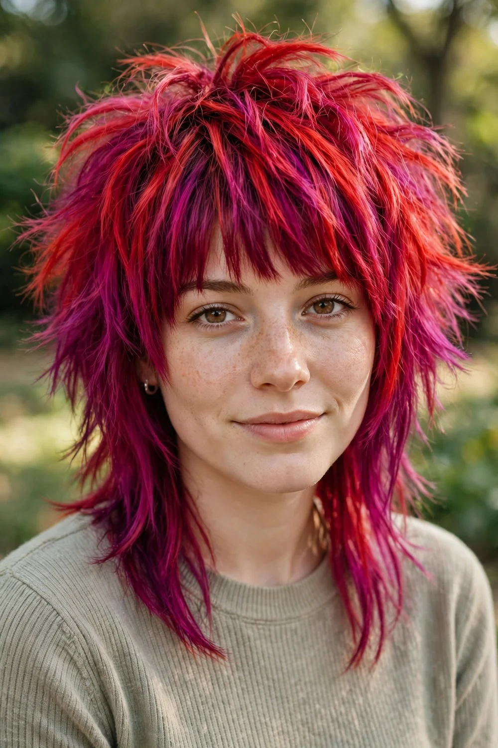 Woman with a fiery red and magenta emo shag
