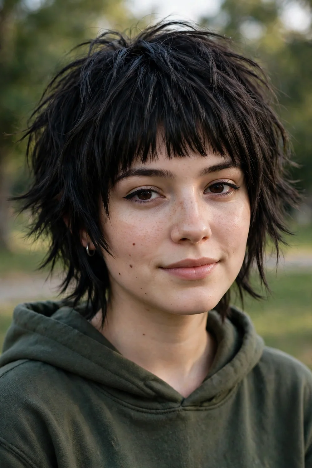 Young woman with a short emo shag haircut